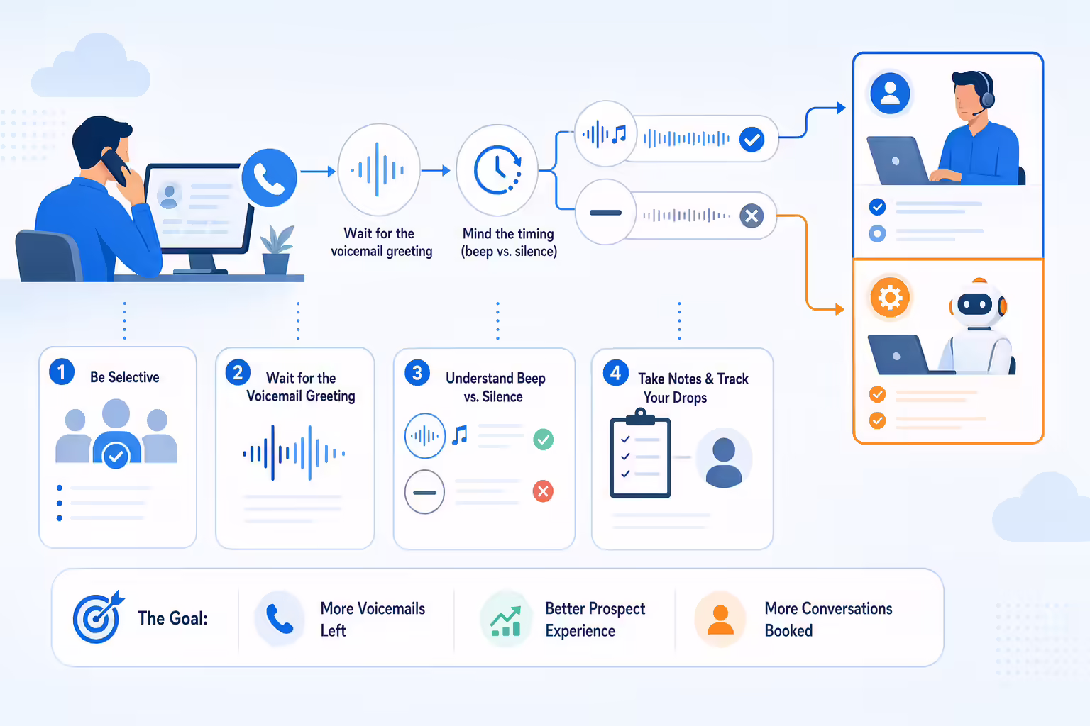 Optimized voicemail drop workflow with notes and timing cues