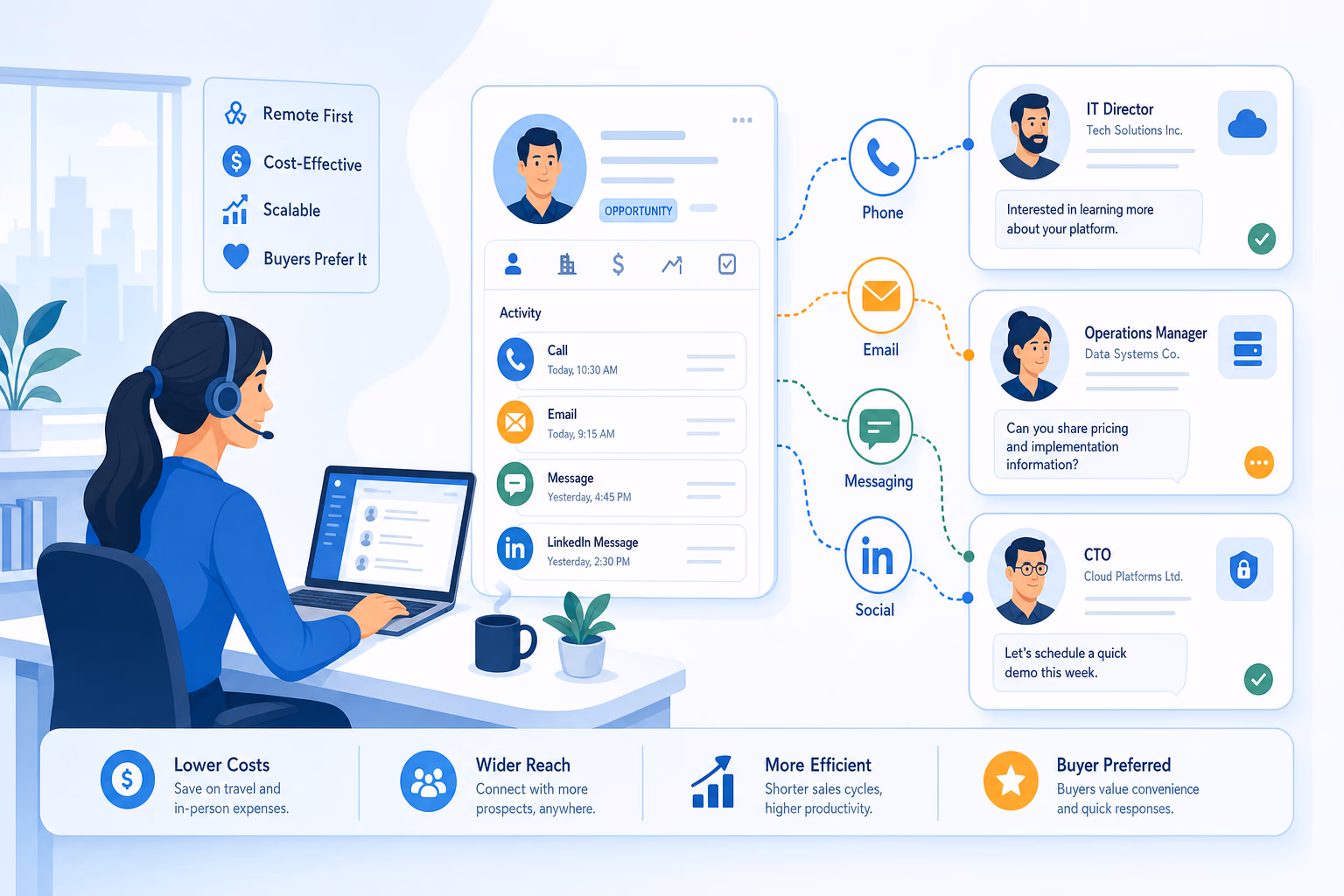 Inside sales team connecting with buyers through phone email and CRM workflows