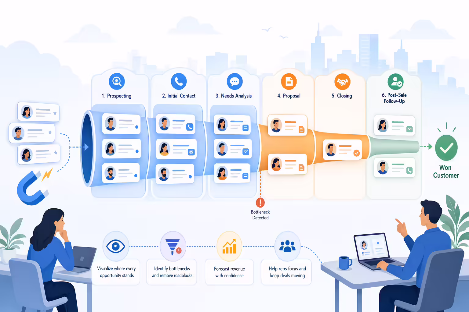 Sales pipeline stages moving opportunities through a CRM workflow