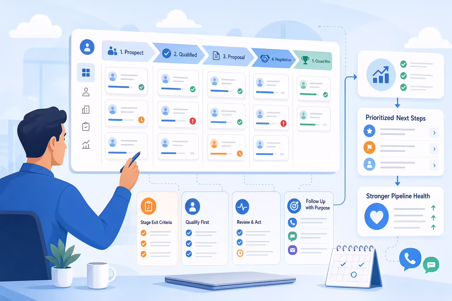 CRM pipeline review with prioritized opportunities and follow-up tasks