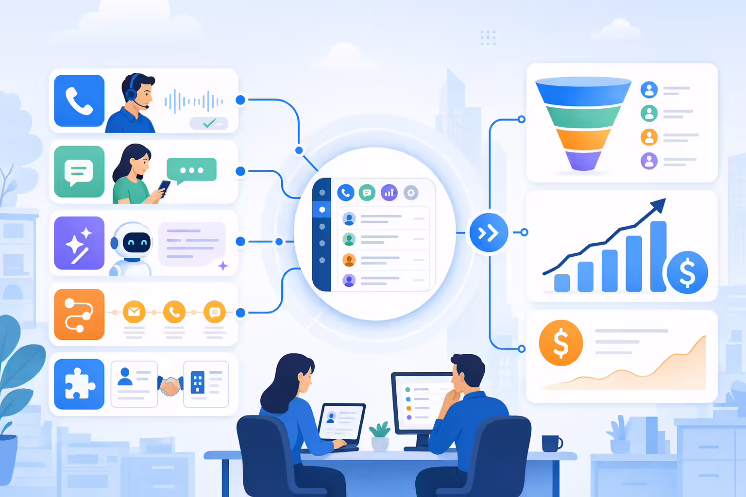 Unified sales platform connecting calls texts CRM and pipeline outcomes