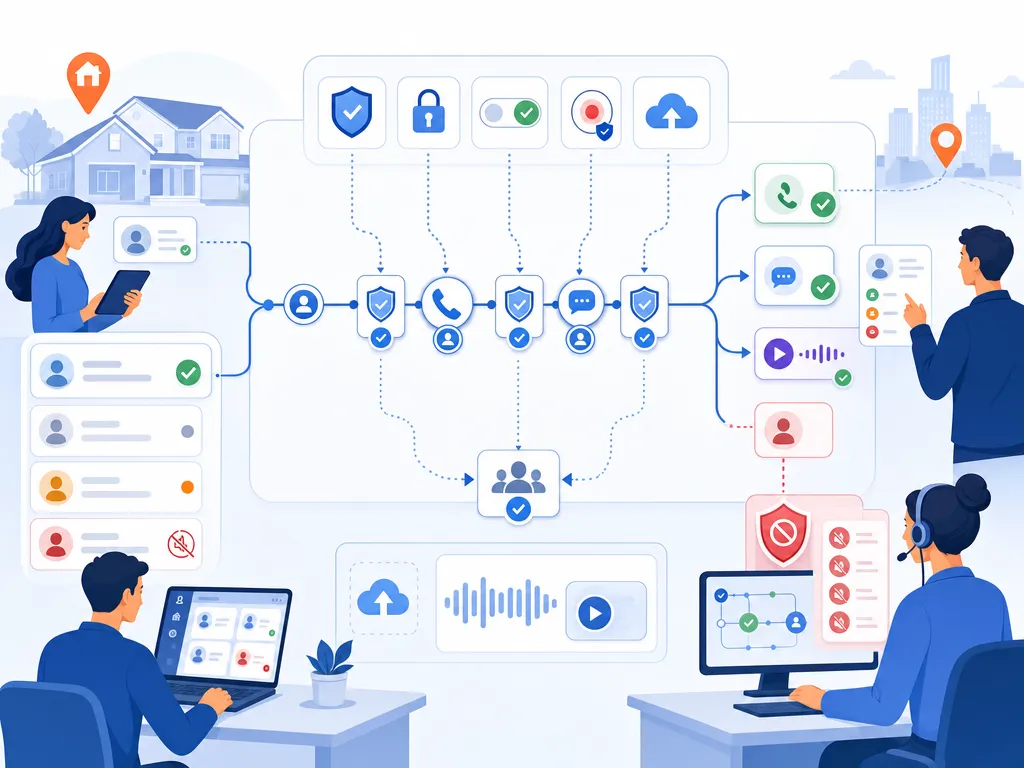Real Estate Dialer Compliance Basics show compliant workflow guardrails without legal-document imagery illustration