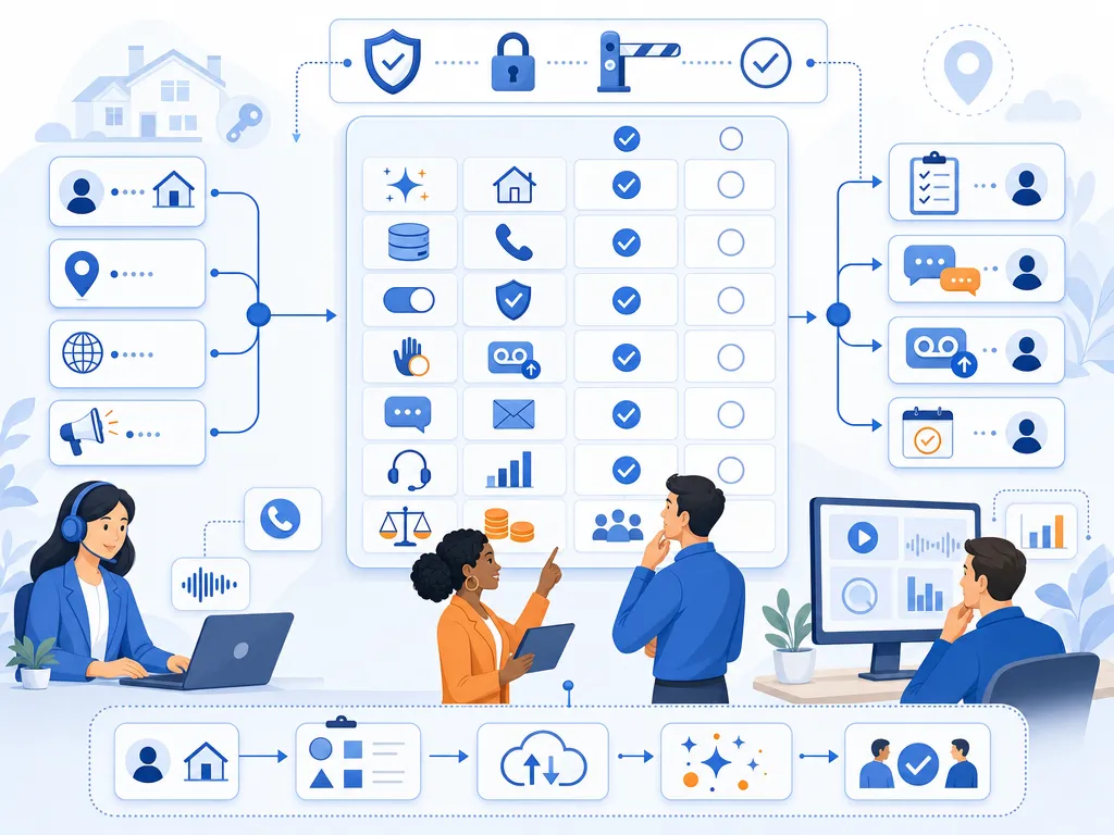How to Choose the Right Real Estate Dialer show an unlabeled evaluation checklist or decision matrix using icons and simple shapes only illu