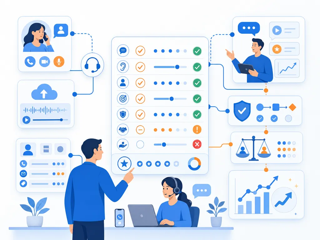 Why call QA scorecards matter show an unlabeled evaluation checklist or decision matrix using icons and simple shapes only illustration