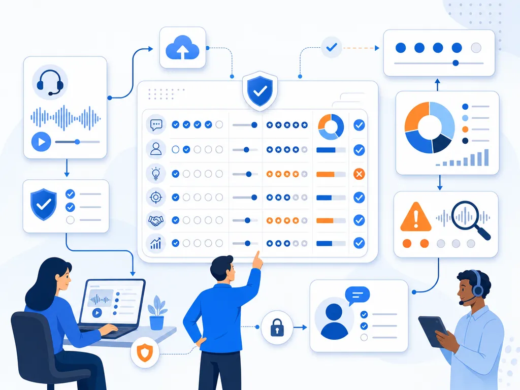 How to score a call QA scorecard show an unlabeled evaluation checklist or decision matrix using icons and simple shapes only illustration