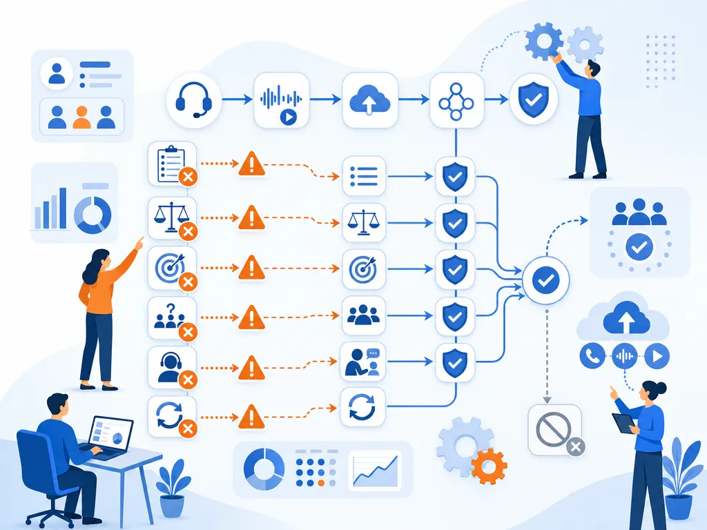 Common QA scorecard mistakes to avoid show an abstract icon-only automation flow with arrows, gears, shields, cloud/upload symbols, and peop