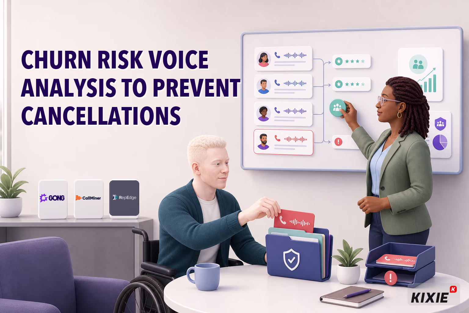 Kixie branded illustration for Churn Risk Voice Analysis to Prevent Cancellations