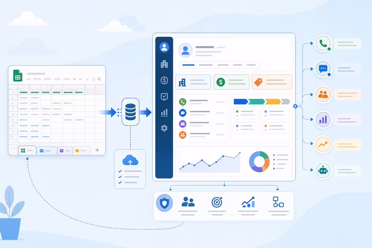 Spreadsheet data flowing into a structured CRM sales workflow