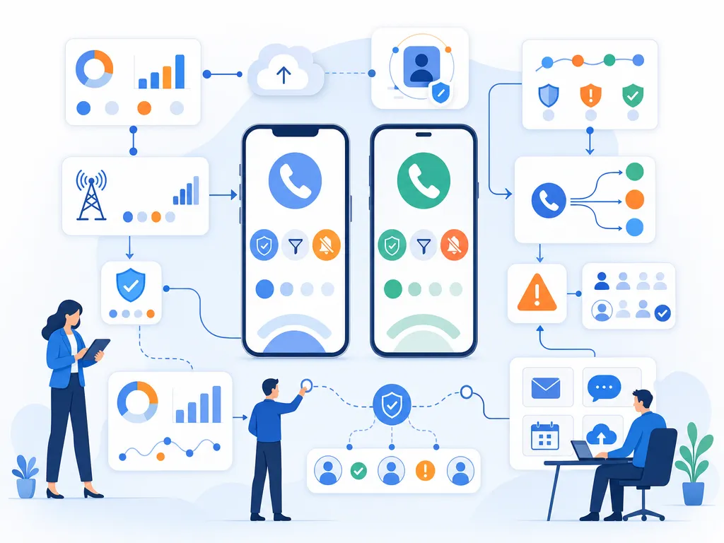 Caller ID reputation on iPhone and Android show abstract operating metrics using simple geometric charts and icons only; no dashboard UI, la
