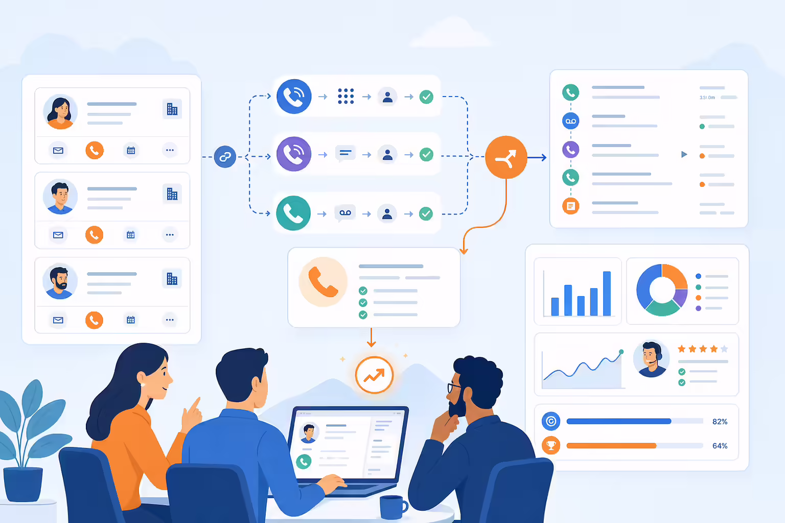 Illustration of CRM-connected calling workflows for HubSpot sales teams.