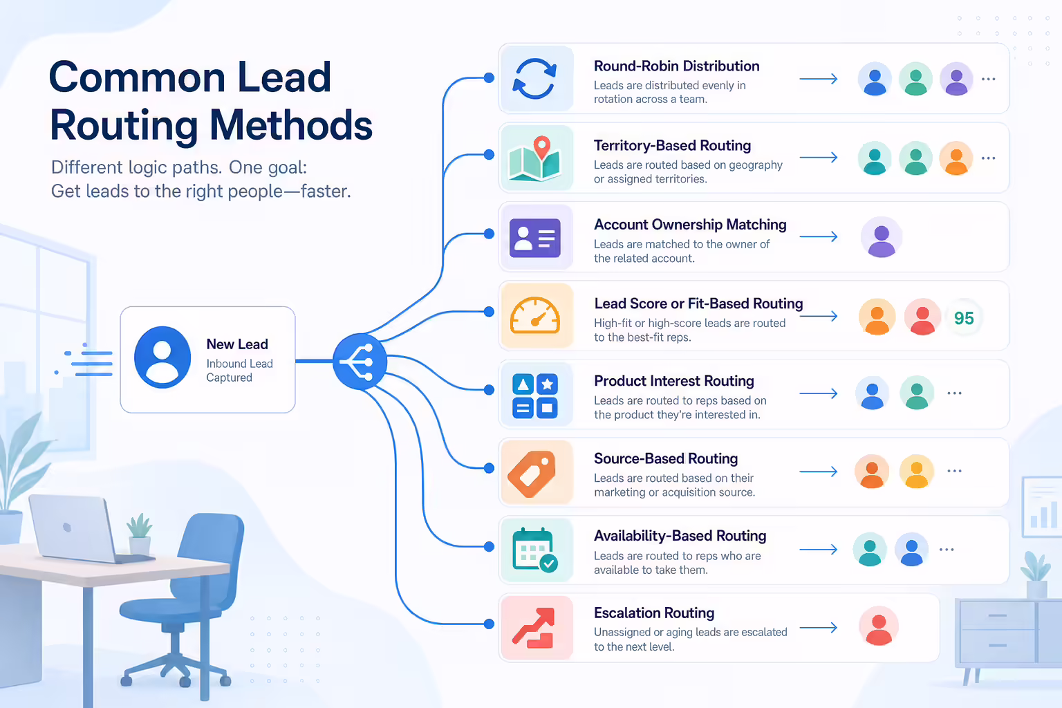 Common lead routing methods branching leads by territory ownership score source and availability