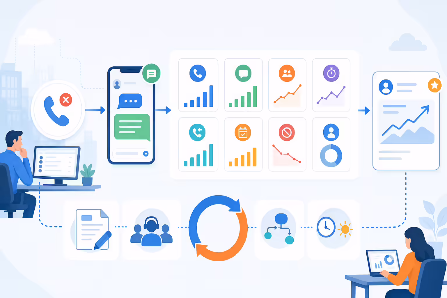 Missed call text back analytics showing replies, response time, callbacks, and outcomes
