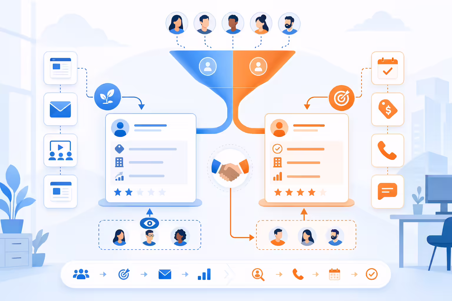 MQL and SQL lead paths split between nurture and sales-ready workflows