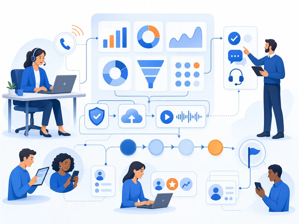 What is a sales call analytics dashboard show abstract operating metrics using simple geometric charts and icons only; no dashboard UI, labe