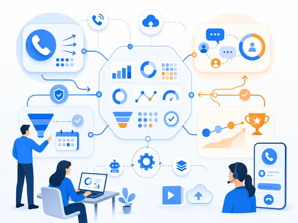 Best sales call dashboard KPIs show abstract operating metrics using simple geometric charts and icons only; no dashboard UI, labels, cards,