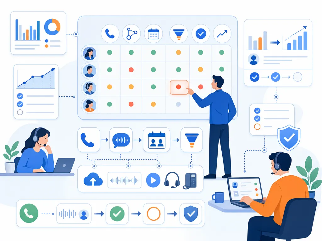 How managers use call analytics for coaching show an unlabeled evaluation checklist or decision matrix using icons and simple shapes only il