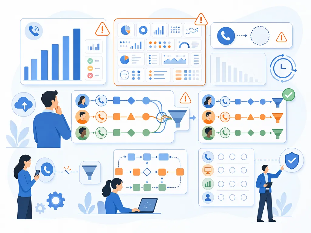 Common sales call dashboard mistakes show abstract operating metrics using simple geometric charts and icons only; no dashboard UI, labels,