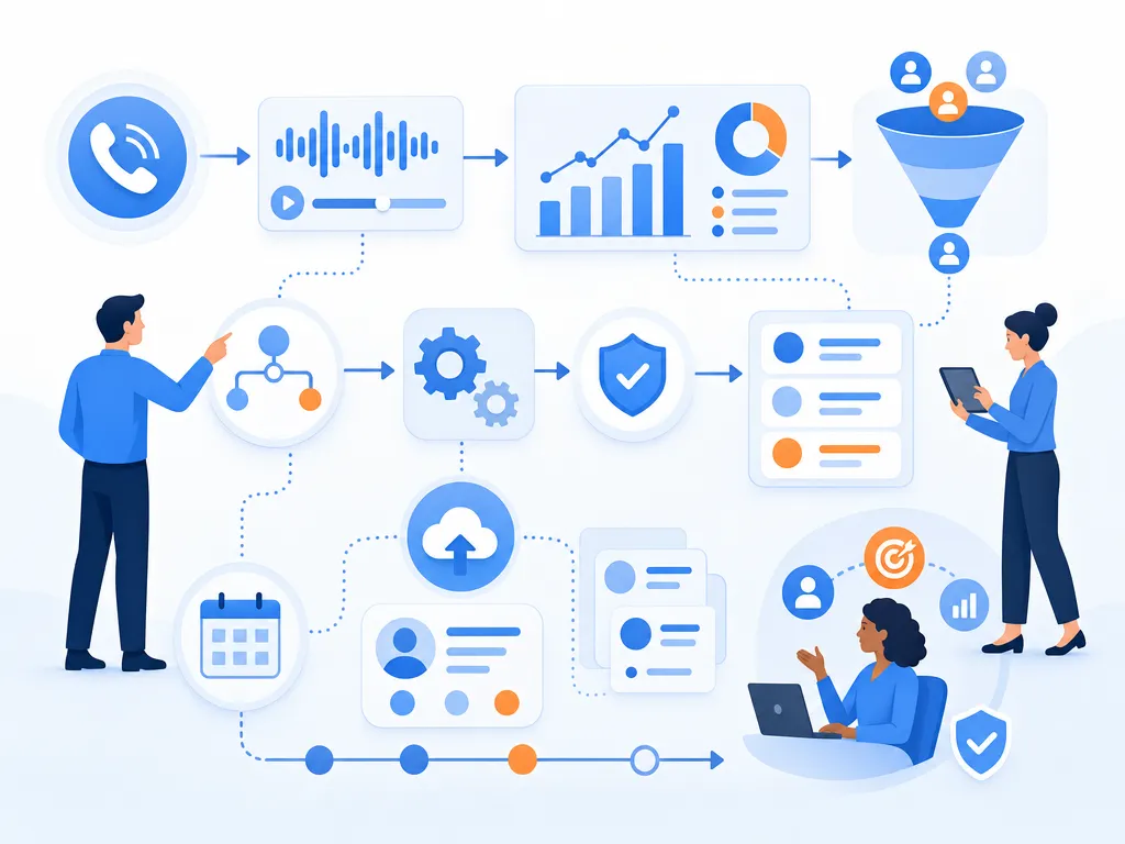 Final sales call dashboard takeaway show an abstract icon-only automation flow with arrows, gears, shields, cloud/upload symbols, and people