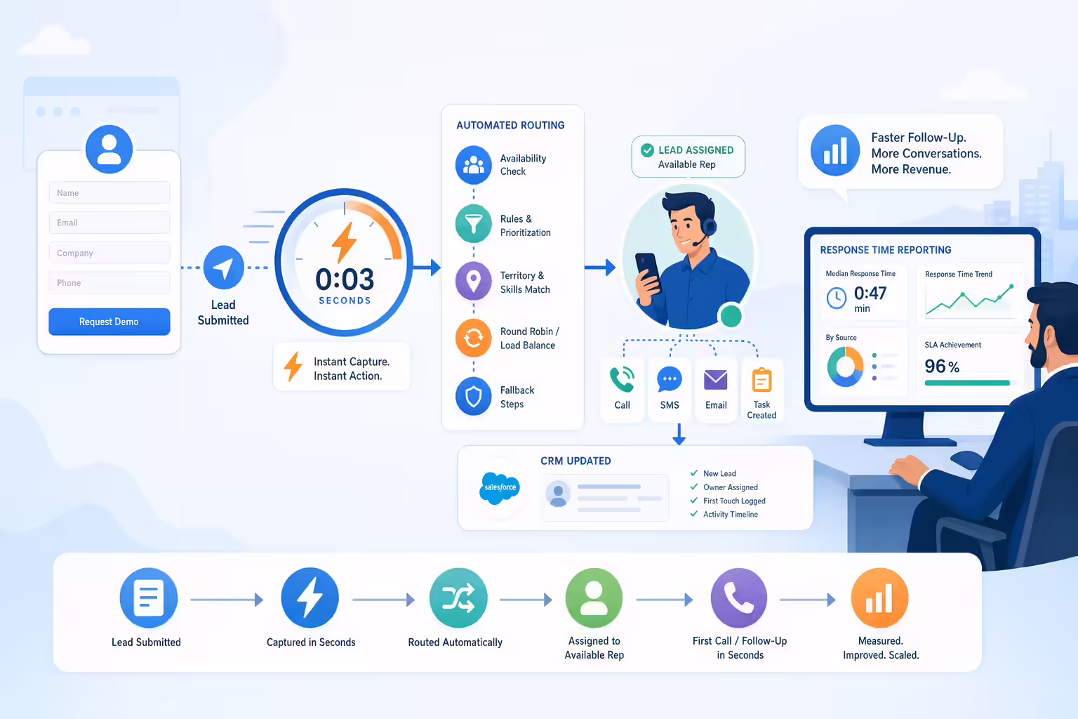 Illustration of speed to lead software routing inbound leads to fast sales follow-up