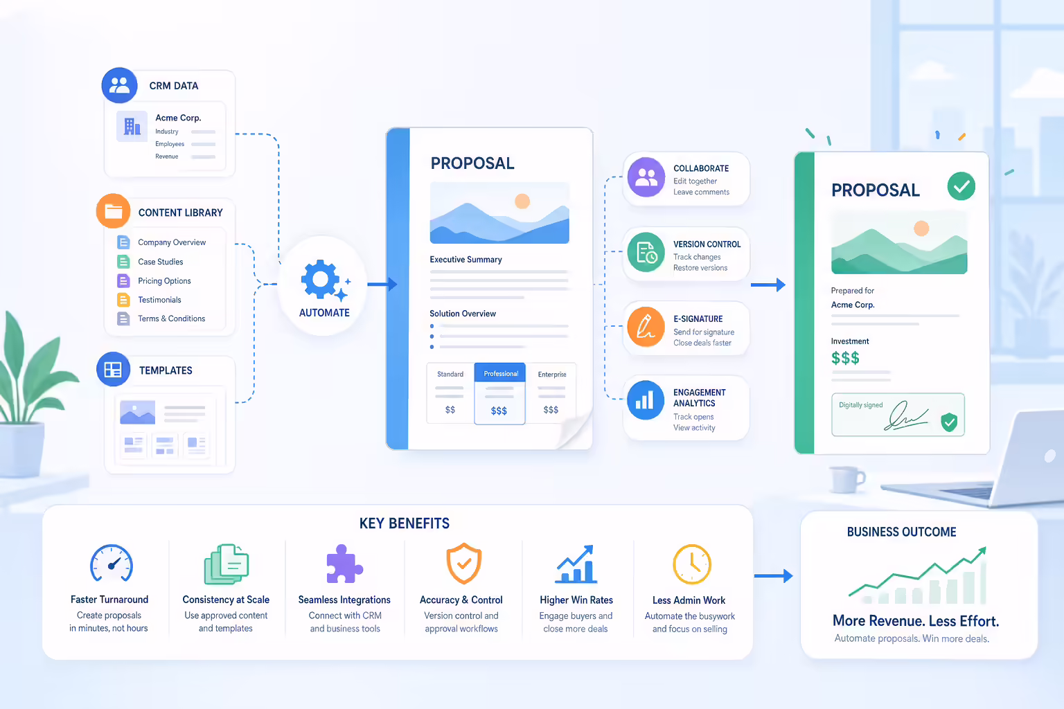 Automated proposal workflow connecting CRM data templates e-signature and analytics