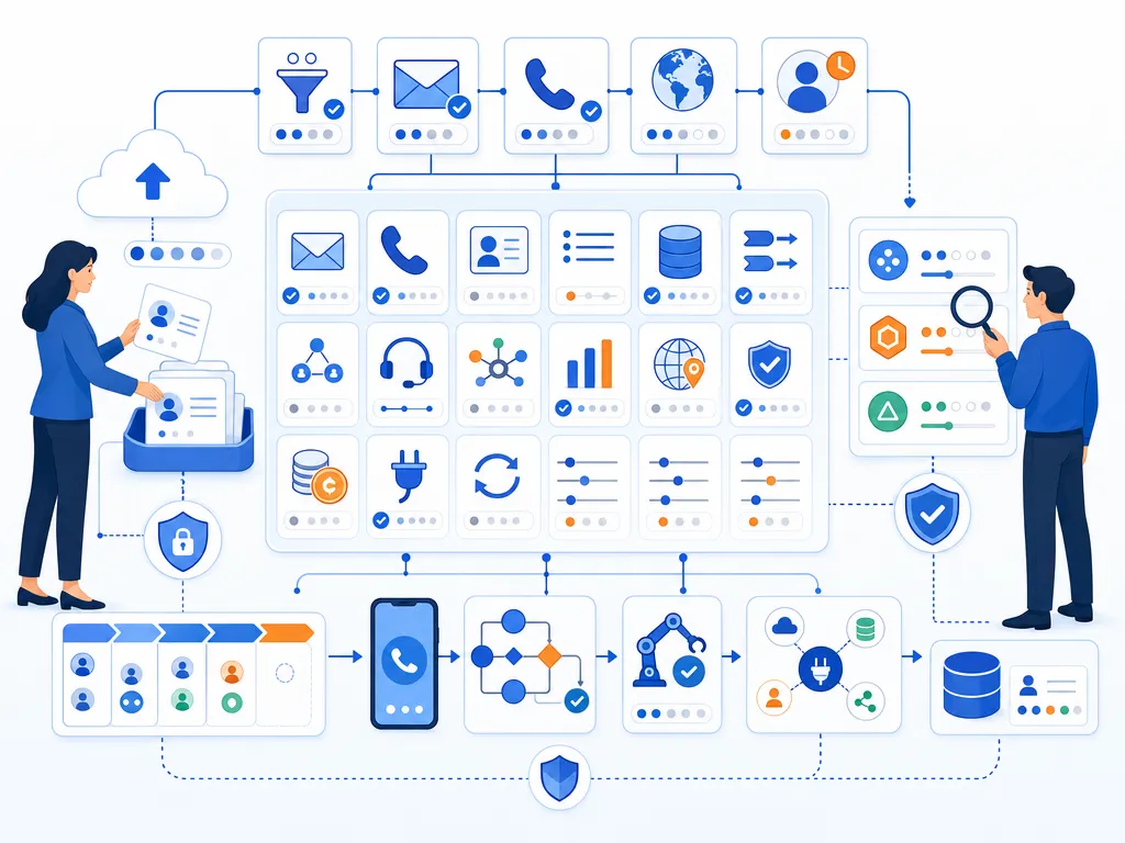 How to choose an Apollo.io alternative show an unlabeled evaluation checklist or decision matrix using icons and simple shapes only illustra