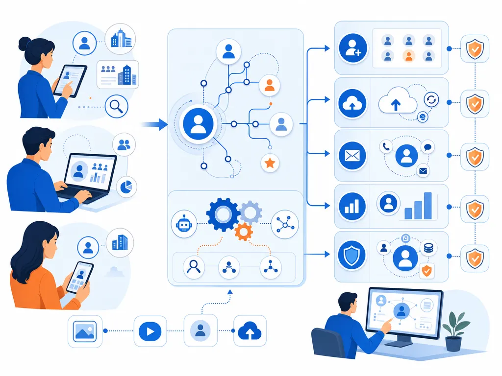 Apollo.io alternatives for LinkedIn prospecting show an abstract icon-only automation flow with arrows, gears, shields, cloud/upload symbols