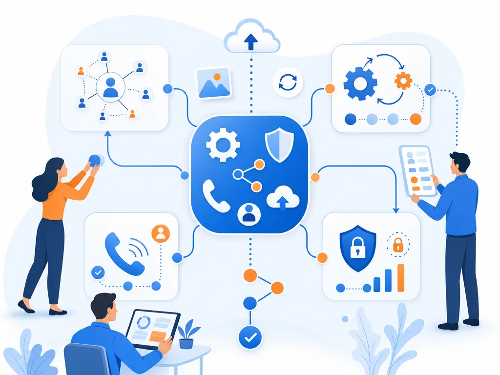 Can one sales tool replace Apollo.io show an abstract icon-only automation flow with arrows, gears, shields, cloud/upload symbols, and peopl