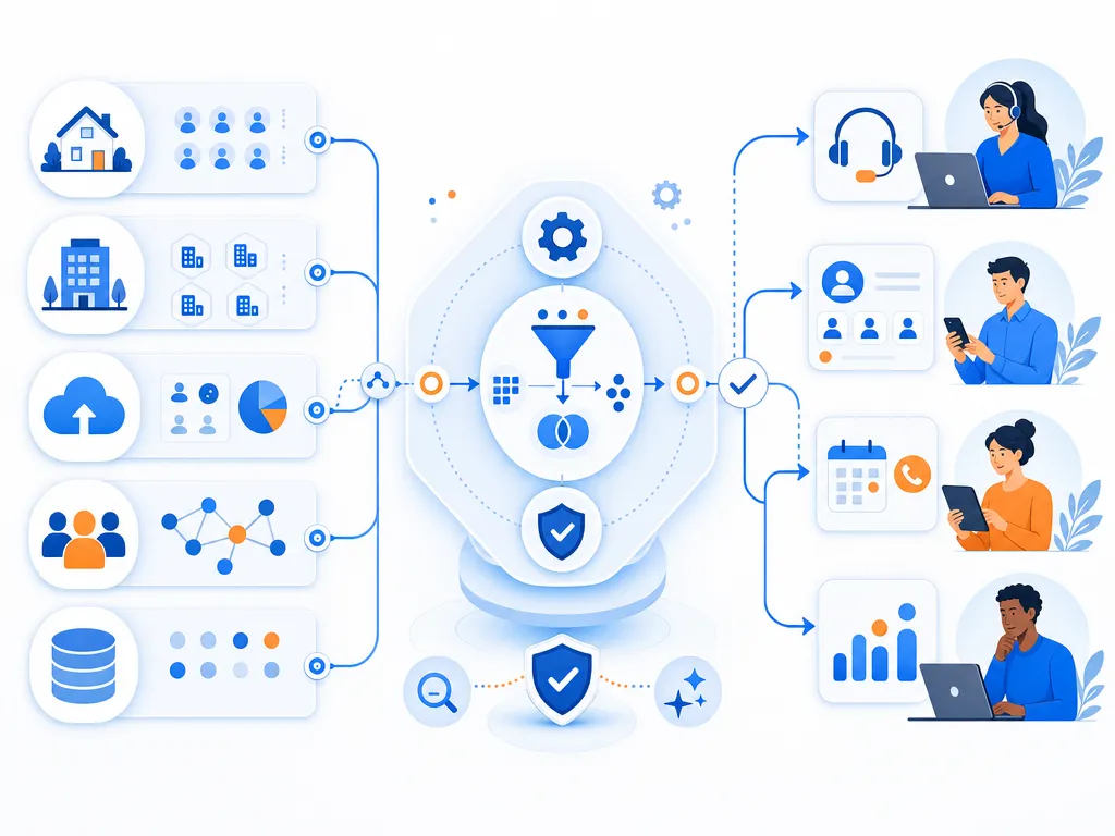 Best Cold Calling Data Sources show an abstract icon-only automation flow with arrows, gears, shields, cloud/upload symbols, and people; no