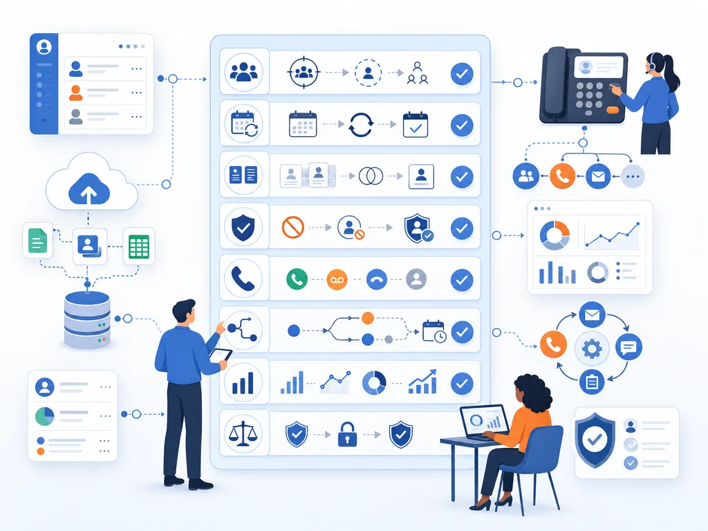 Cold Calling Dialer and Data Checklist show an unlabeled evaluation checklist or decision matrix using icons and simple shapes only illustra