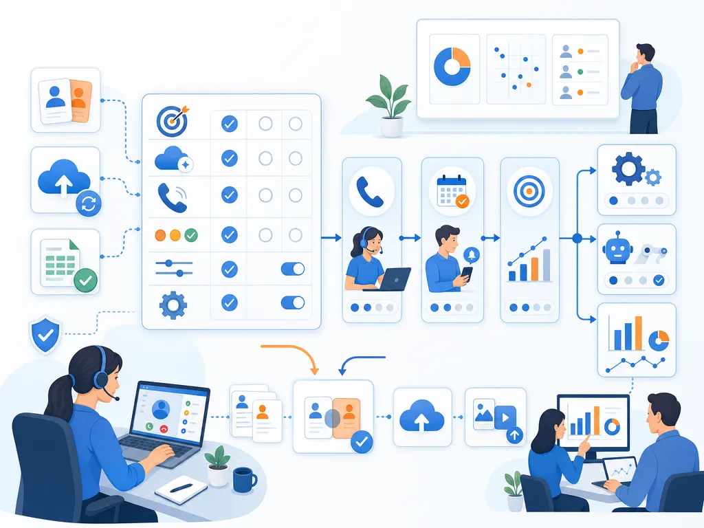 Cold Calling Dialers and Data Takeaway show an unlabeled evaluation checklist or decision matrix using icons and simple shapes only illustra