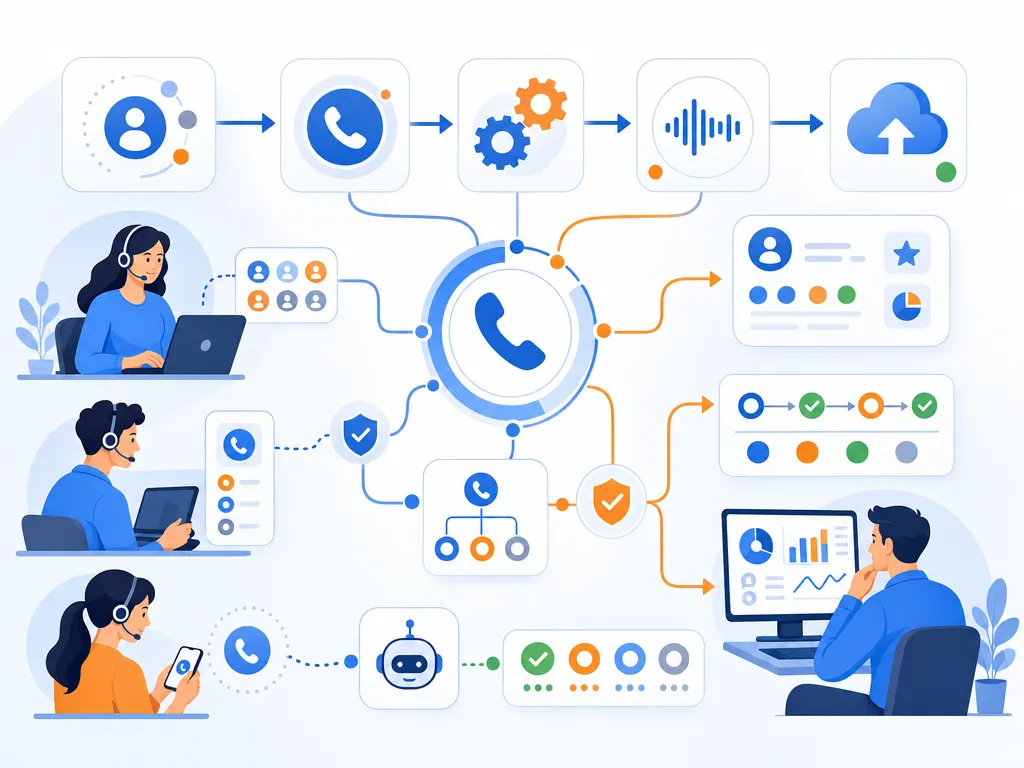 What is a HubSpot dialer show an abstract icon-only automation flow with arrows, gears, shields, cloud/upload symbols, and people; no docume