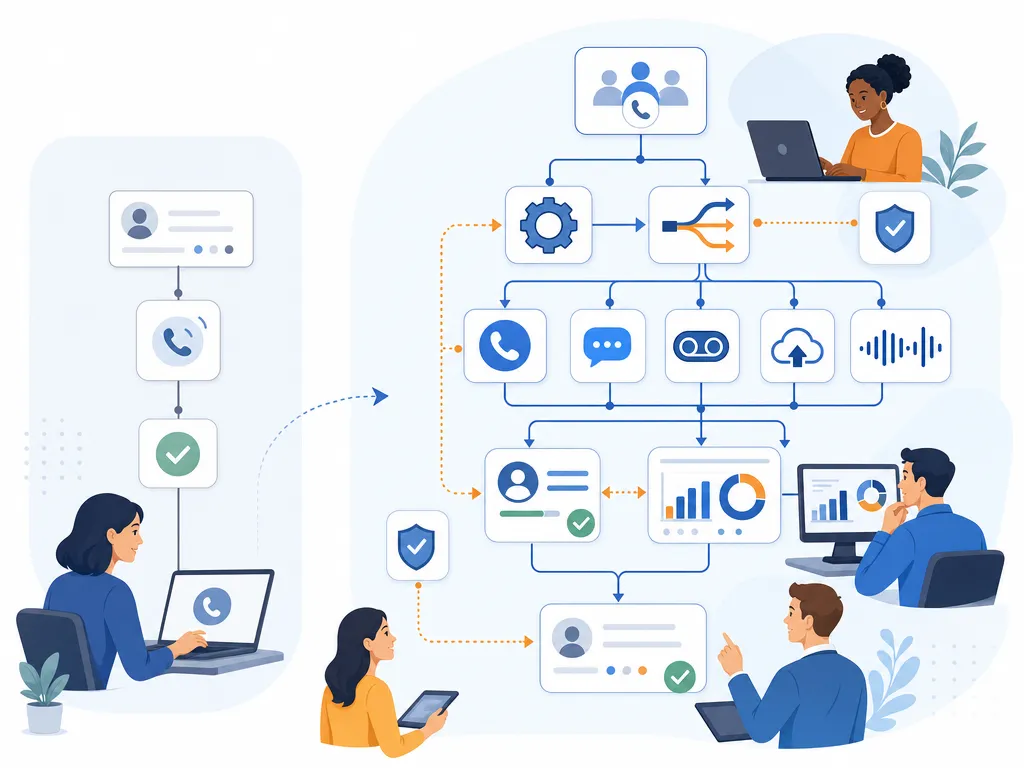 HubSpot calling vs third-party dialers show an abstract icon-only automation flow with arrows, gears, shields, cloud/upload symbols, and peo