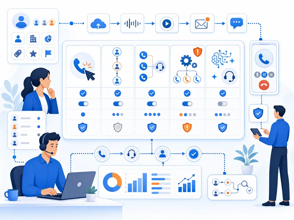 HubSpot dialer types to compare show an unlabeled evaluation checklist or decision matrix using icons and simple shapes only illustration
