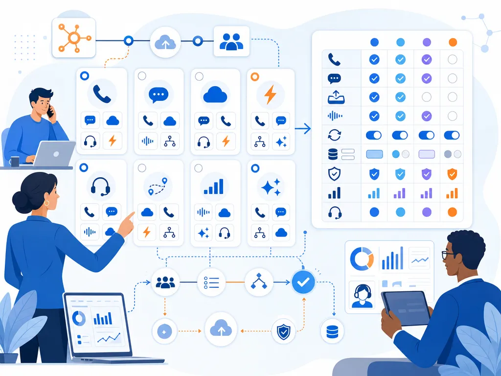 HubSpot dialer tools buyers compare show an unlabeled evaluation checklist or decision matrix using icons and simple shapes only illustratio