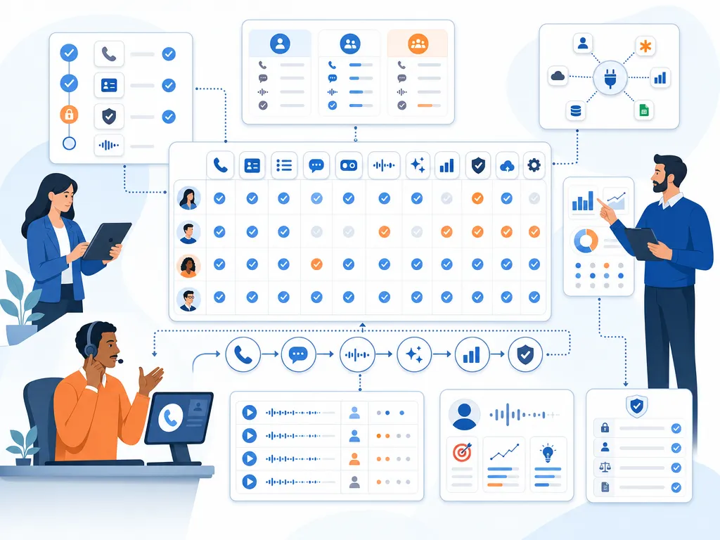 How we evaluated HubSpot dialers show an unlabeled evaluation checklist or decision matrix using icons and simple shapes only illustration