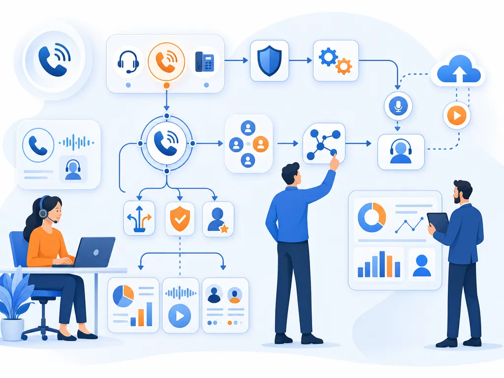 Final HubSpot dialer takeaway show an abstract icon-only automation flow with arrows, gears, shields, cloud/upload symbols, and people; no d