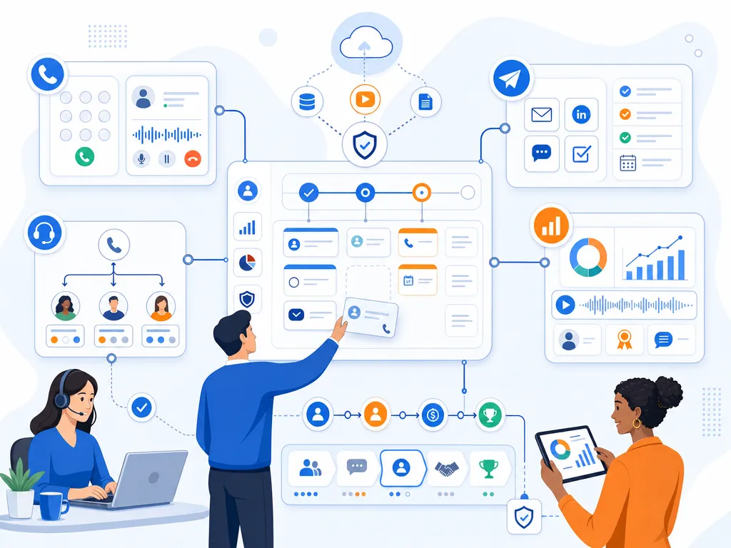 Sales dialing tool or engagement platform show sales communication software in use by a revenue team illustration