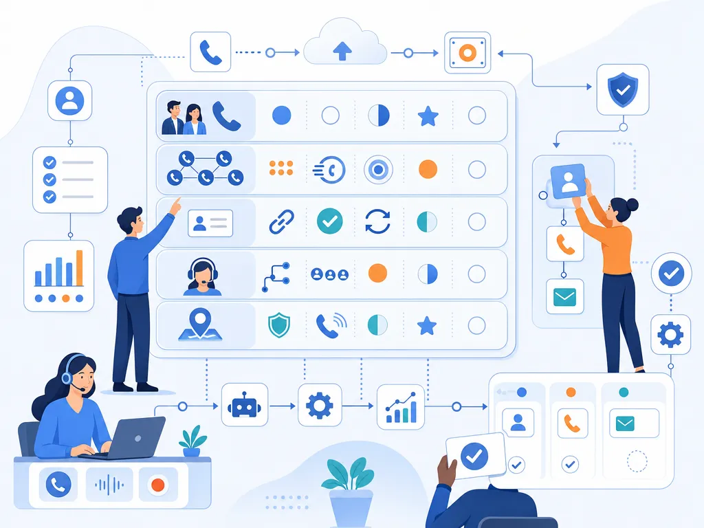 Lead dialer software comparison by use case show an unlabeled evaluation checklist or decision matrix using icons and simple shapes only ill