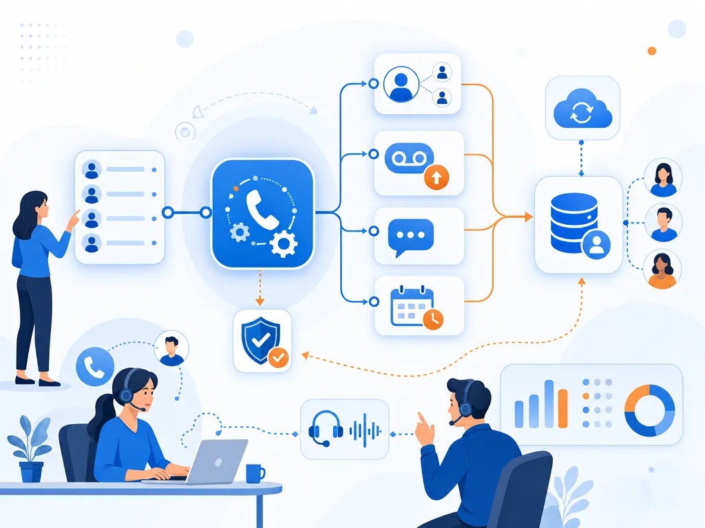 What is lead dialer software? show an abstract icon-only automation flow with arrows, gears, shields, cloud/upload symbols, and people; no d