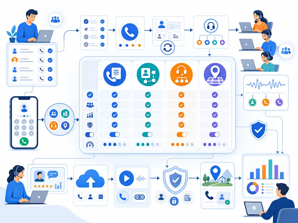 Best lead dialer software for each sales scenario show an unlabeled evaluation checklist or decision matrix using icons and simple shapes on
