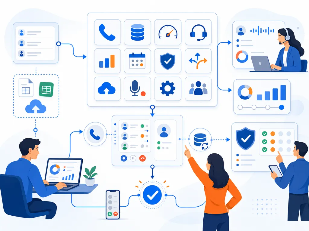 Lead dialer software takeaway show an unlabeled evaluation checklist or decision matrix using icons and simple shapes only illustration