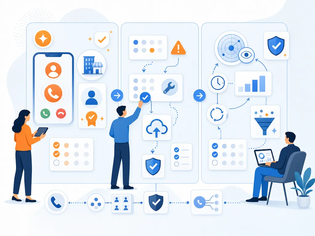 Branded caller ID and spam remediation compared show an unlabeled evaluation checklist or decision matrix using icons and simple shapes only