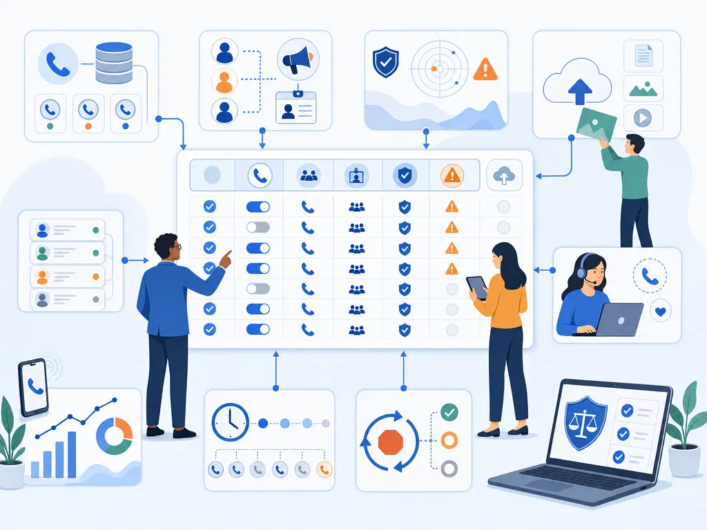 Outbound caller ID checklist show an unlabeled evaluation checklist or decision matrix using icons and simple shapes only illustration