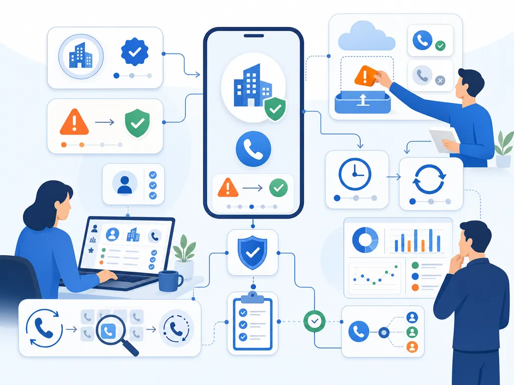 Branded caller ID and spam remediation FAQs answer common buyer questions with a concise visual summary illustration