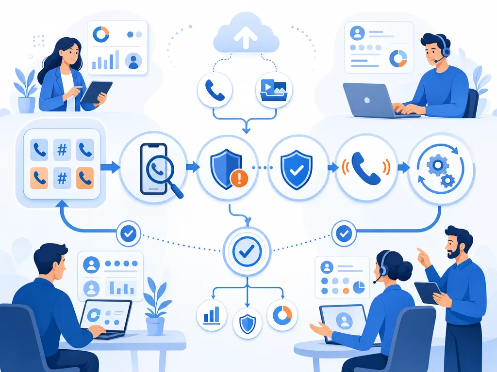 Branded caller ID and spam remediation takeaway show an abstract icon-only automation flow with arrows, gears, shields, cloud/upload symbols