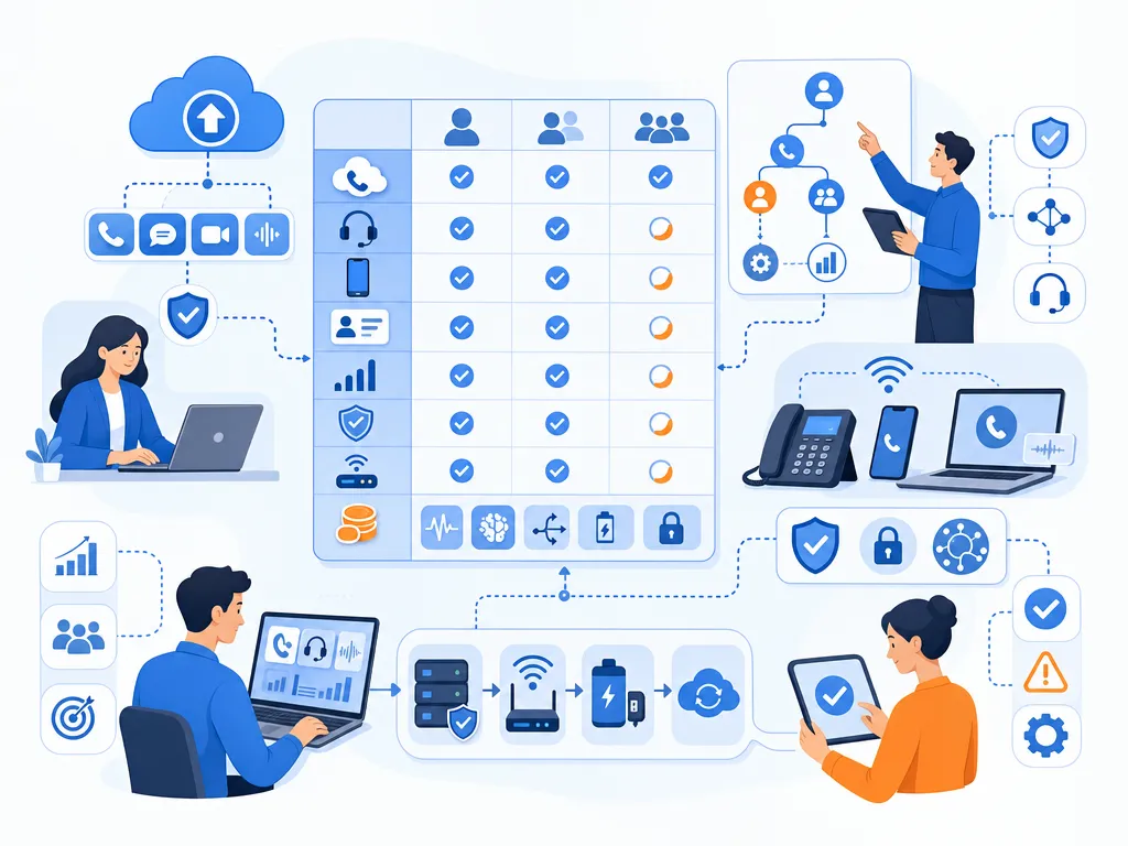 Key business VoIP statistics for 2026 show an unlabeled evaluation checklist or decision matrix using icons and simple shapes only illustrat