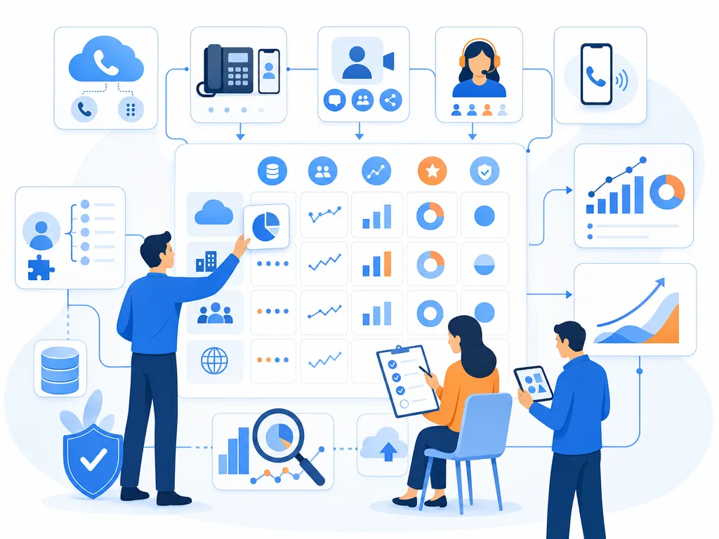 VoIP market size and growth forecasts show an unlabeled evaluation checklist or decision matrix using icons and simple shapes only illustrat