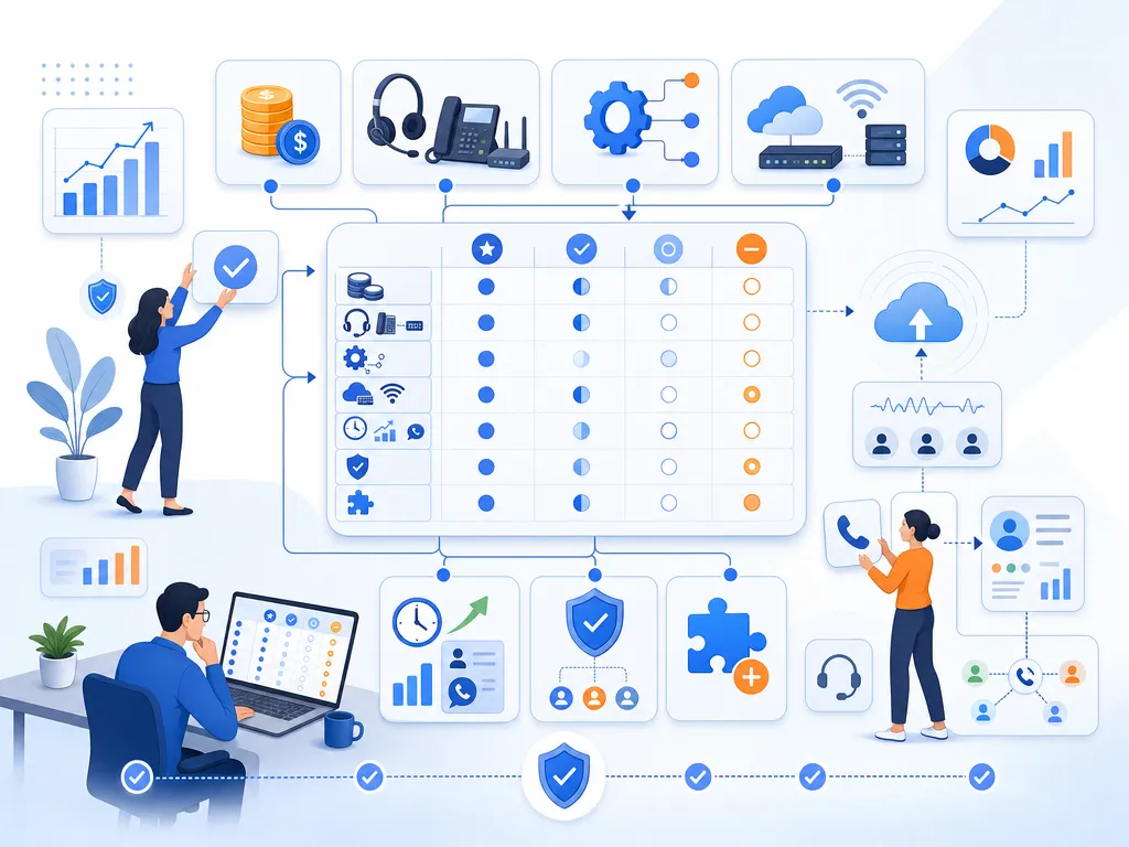 VoIP cost savings statistics show an unlabeled evaluation checklist or decision matrix using icons and simple shapes only illustration