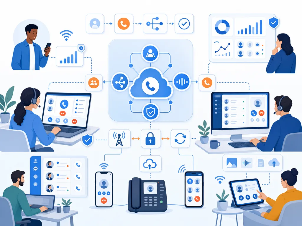 Mobile VoIP statistics for remote work show sales communication software in use by a revenue team illustration