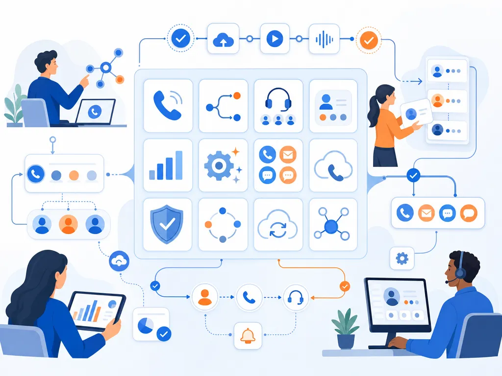 VoIP trends for UCaaS and contact centers show an unlabeled evaluation checklist or decision matrix using icons and simple shapes only illus